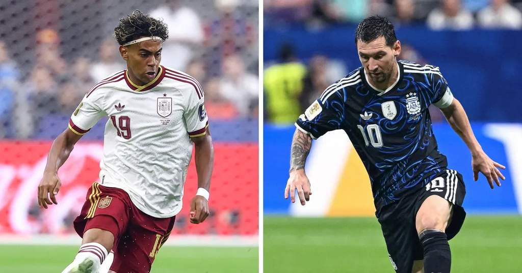 Ilustrasi persiapan laga final Piala Dunia 2026 antara Timnas Spanyol melawan Timnas Argentina dengan latar belakang kemegahan stadion di New Jersey.
